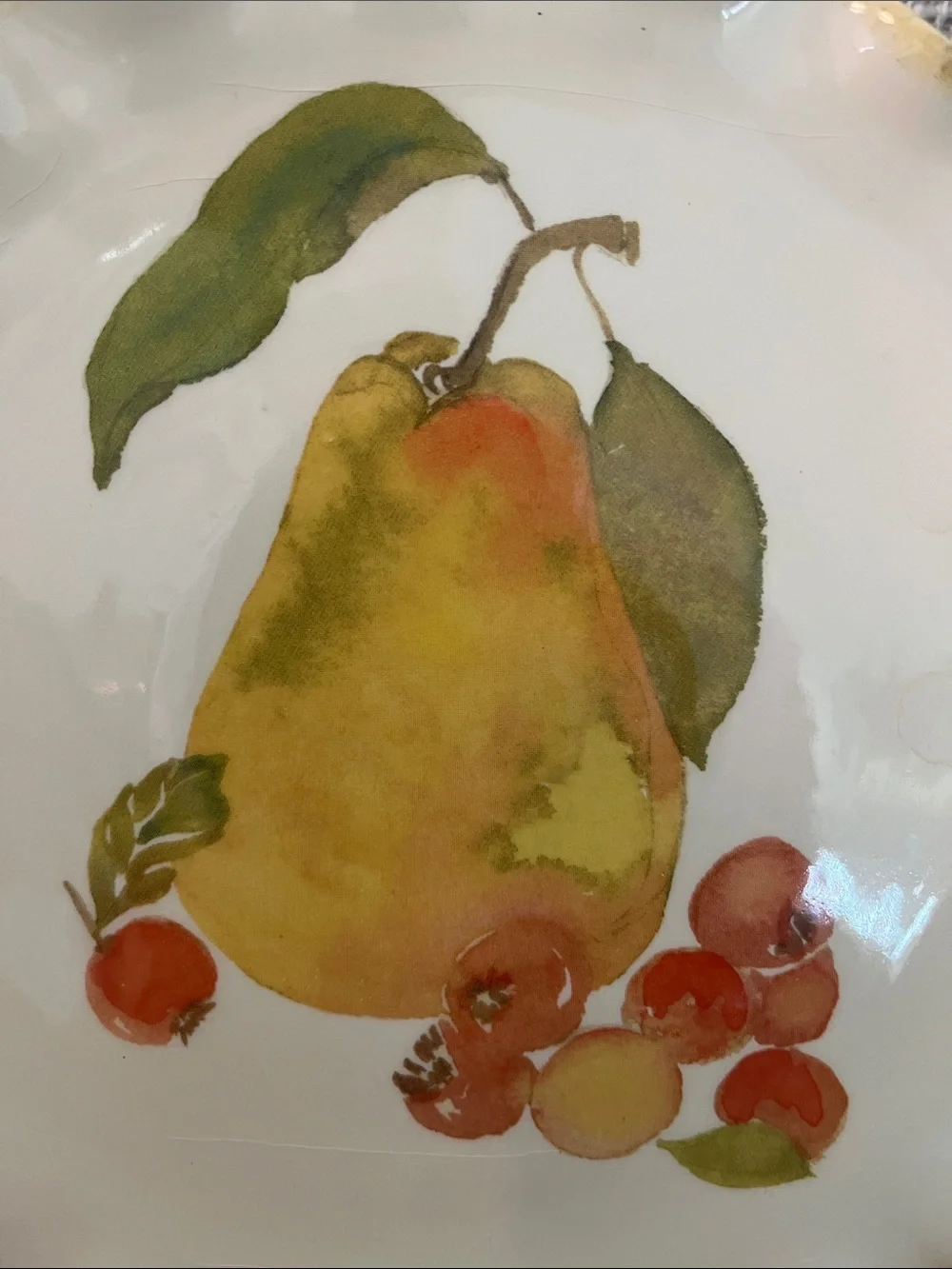 3 Crate & Barrel Harvest Fruit 7.5” salad plates yellow pear berries fluted